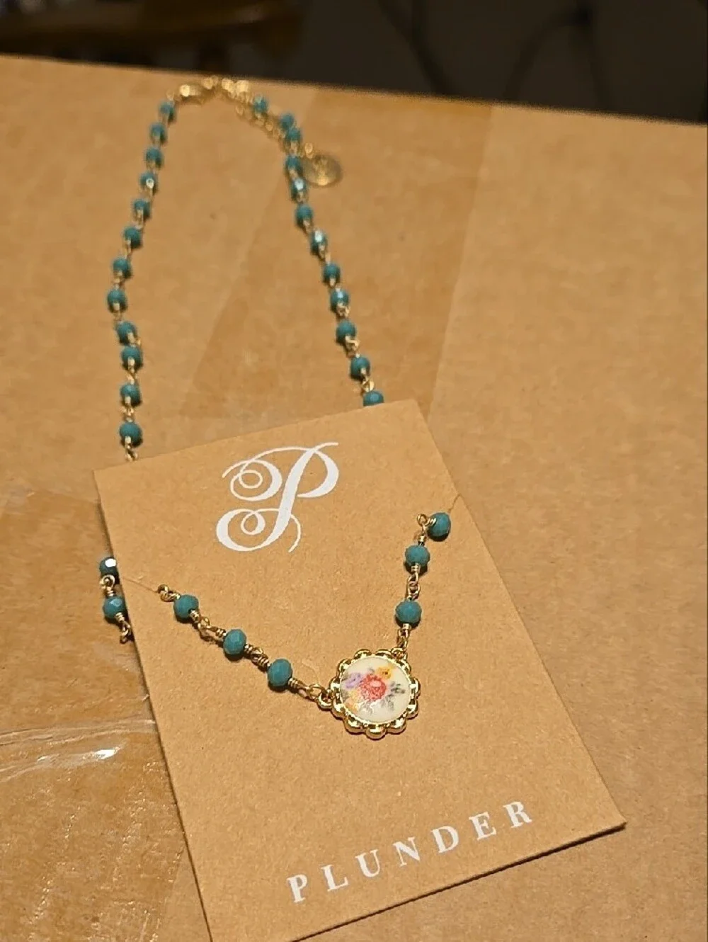 NWT vintage Inspired Plunder Gold-Tone Turquoise Beaded Floral Charm Necklace